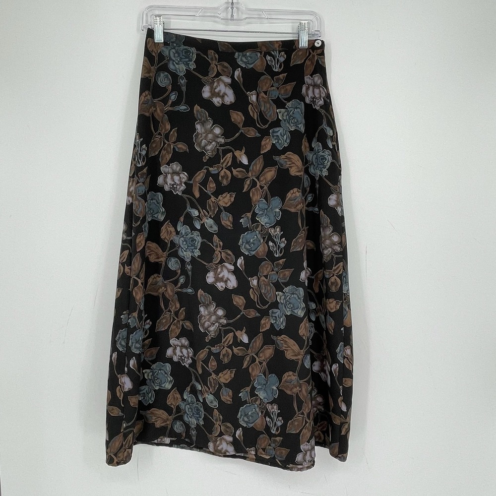 Laura Tyler 90s Vintage Women's Black Floral A-Line Midi Skirt Size MP Petite